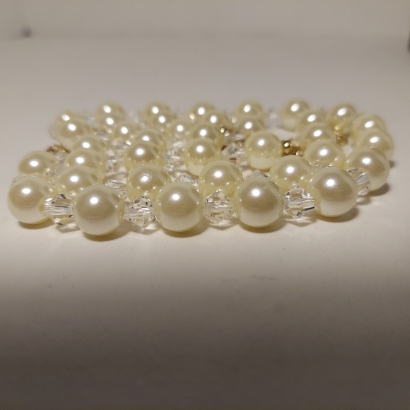 SAQ Clear Crystal Off White FAUX Pearl Beaded Necklace + Bracelet Signed Estate - Picture 3 of 10